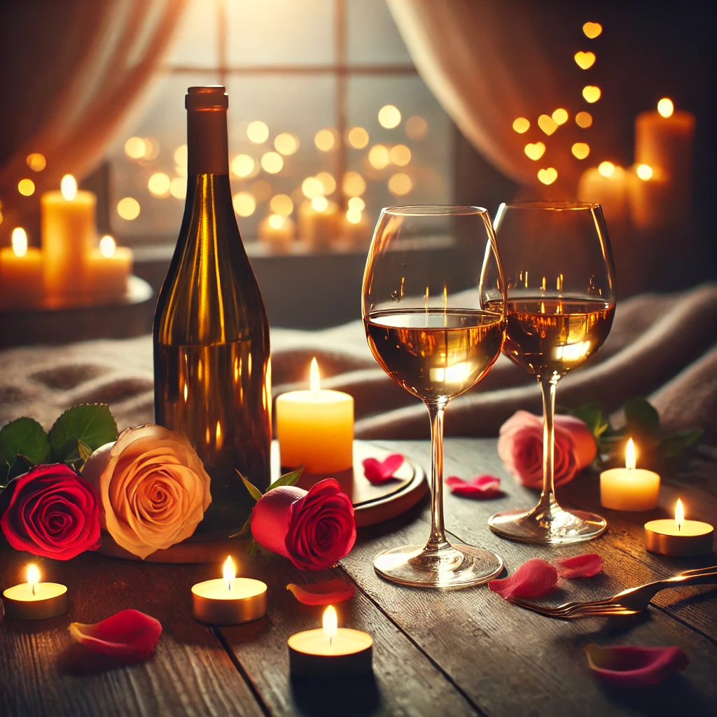 DALL·E 2025-01-29 14.39.48 - A romantic setting featuring a bottle of fine wine and two elegant glasses on a candlelit table. The scene includes soft, warm lighting, rose petals s