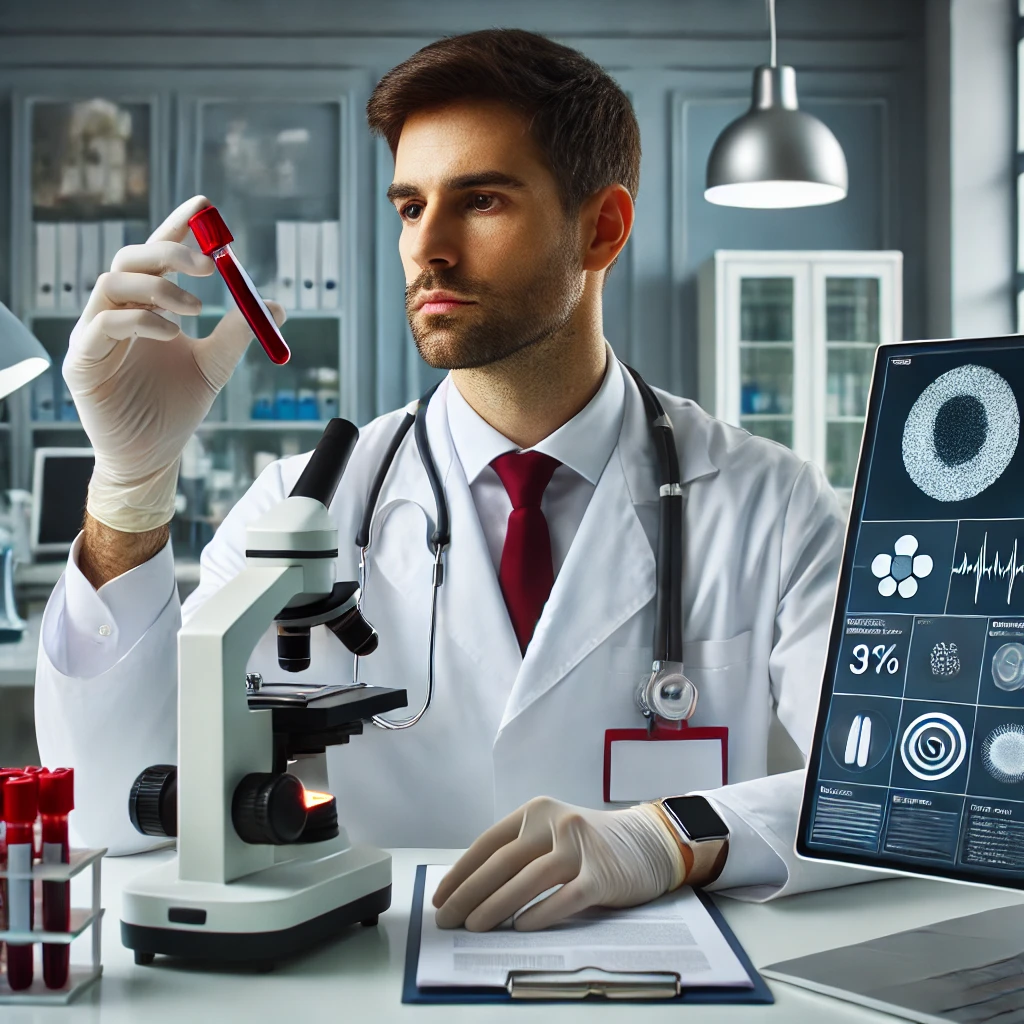 DALL·E 2025-02-08 17.11.38 - A professional hematologist in a modern medical laboratory, examining blood samples under a microscope. The doctor, wearing a white coat and gloves, h