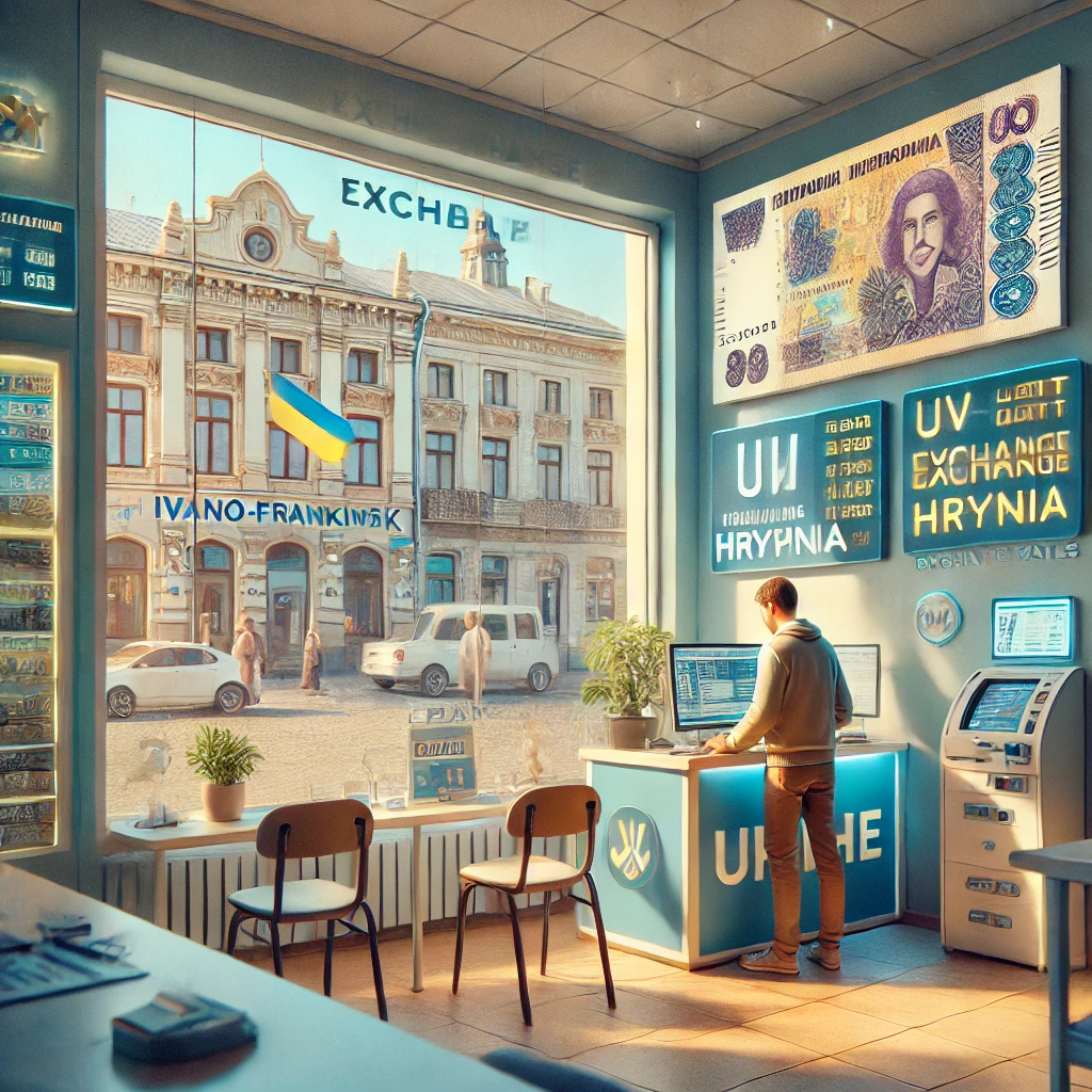 DALL·E 2025-03-25 09.23.47 - A bright and modern currency exchange office in Ivano-Frankivsk, Ukraine. Inside, customers are exchanging money at the counter. A poster on the wall